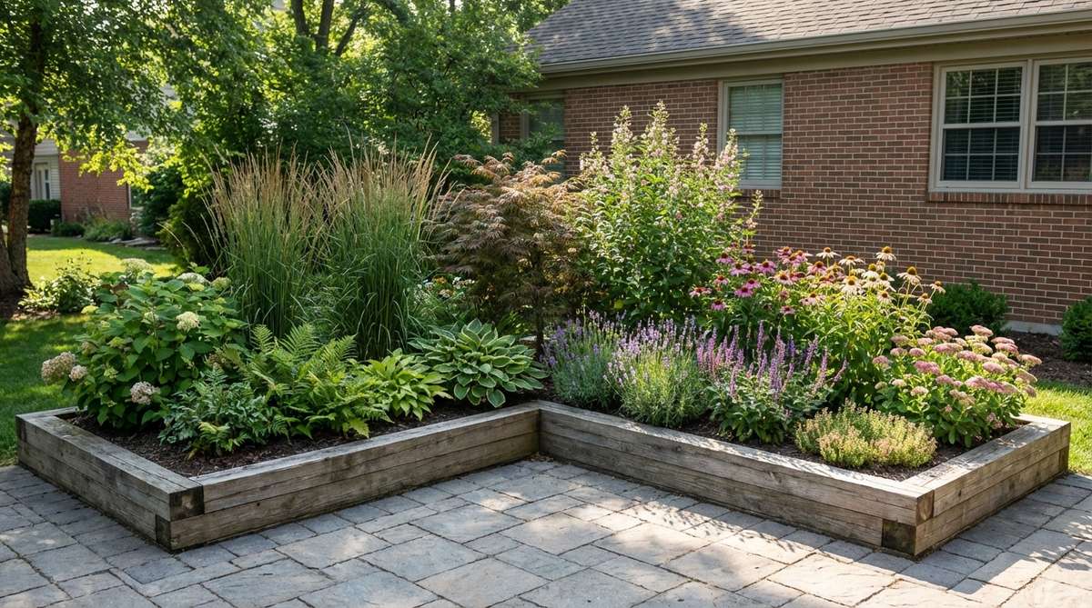 A contemporary L-shaped garden bed design that maximizes corner spaces in gardens or patios, featuring two perpendicular planting runs that create substantial planting area within a compact footprint. The arrangement shows taller plants at the inside corner and demonstrates how the configuration naturally separates sun-loving and shade-tolerant species by orienting legs toward different exposures.