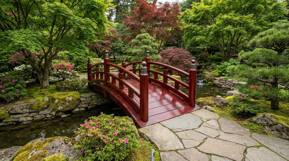 A traditional Japanese garden bridge with a deep, glossy red lacquered finish, showcasing the multi-layer application of urushi lacquer that provides durability and a beautiful patina over time.
