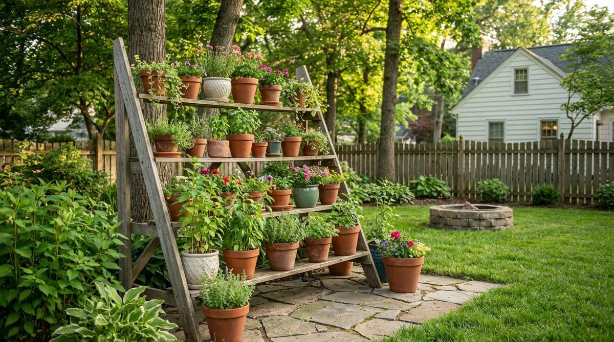 A leaning ladder or tiered shelving unit in a small garden backyard, showcasing multiple levels of container plants arranged by height for visual interest and easy access in partial sun.