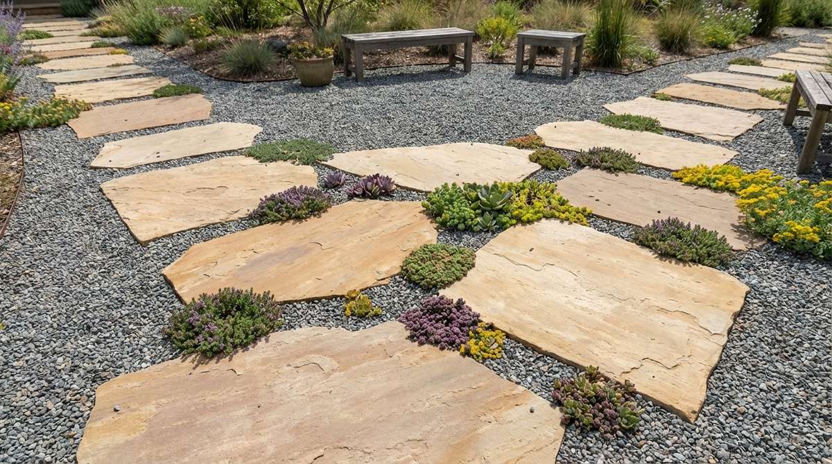 A garden landscape featuring oversized buff or tan sandstone stepping stones spaced 24-30 inches apart in a gray gravel bed. The large 30-40 inch irregular sandstone pieces serve as sculptural landing pads with low-growing succulents or creeping thyme planted in gravel pockets for added color.