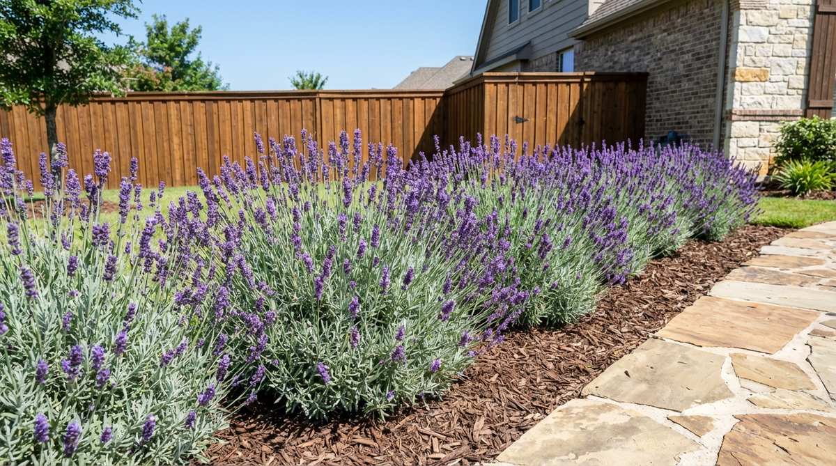 A dense, evergreen lavender hedge with fragrant purple spikes in midsummer, featuring compact varieties like 'Hidcote' or 'Munstead' planted 12 inches apart to form low hedging within a garden border. The silver foliage provides year-round interest and prevents winter dormancy gaps in the visual landscape.