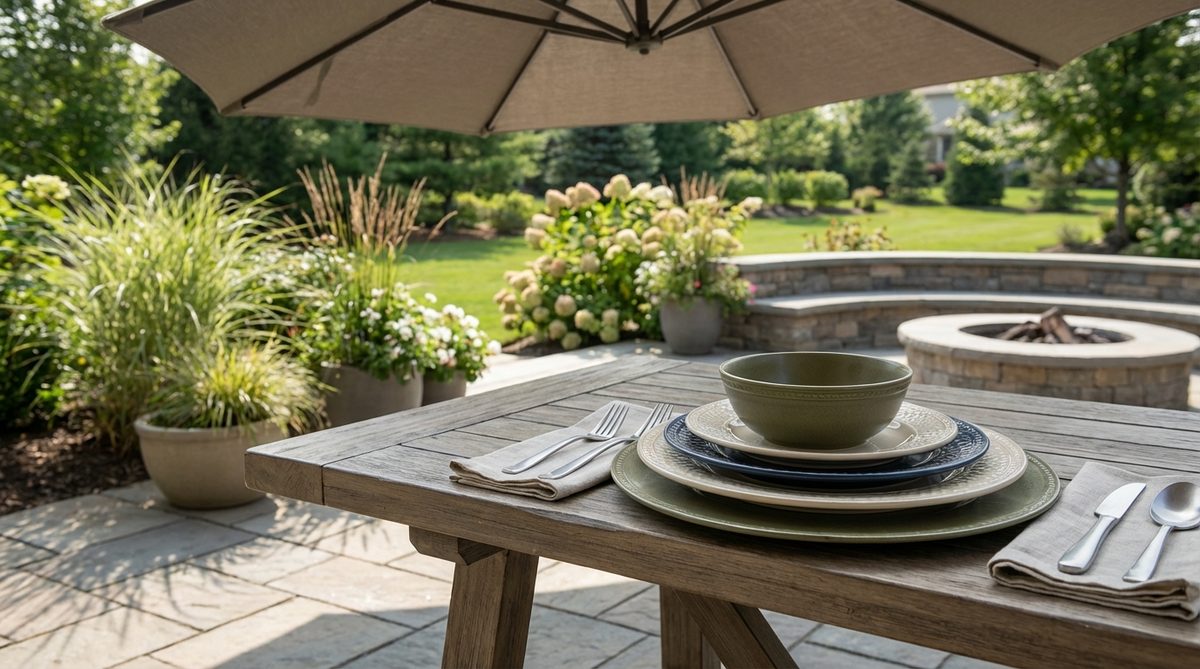 A modern garden table setting featuring layered plate stacks with dinner plates, salad plates, and bowls in varying sizes. The arrangement creates visual height and three-dimensional interest, mixing solid colors with subtle patterns and different rim treatments for eclectic energy. Durable melamine or stoneware rated for outdoor use is shown to prevent breakage.