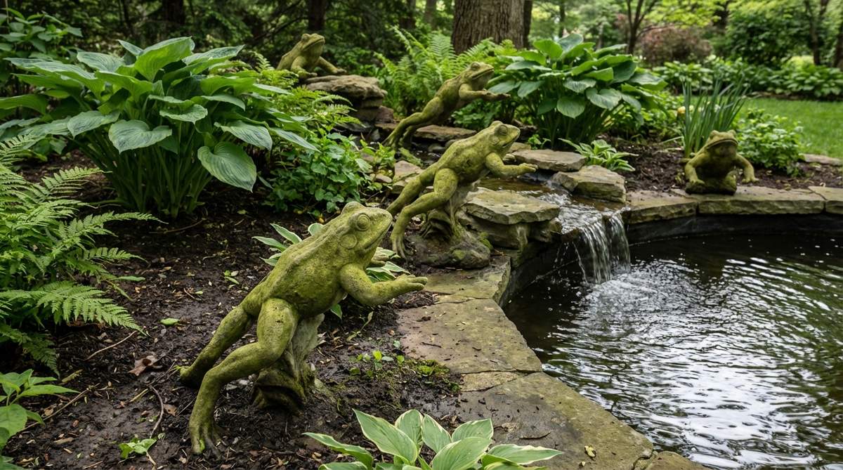 Whimsical cast stone frog statues captured mid-leap, showcasing their playful movement in a garden setting. The sculptures feature a weathered moss-green patina that blends naturally with damp environments, positioned near water features and among hostas and ferns in shade gardens. Multiple frogs at varying heights create an animated hopping illusion, perfect for adding dynamic elements to static garden compositions.