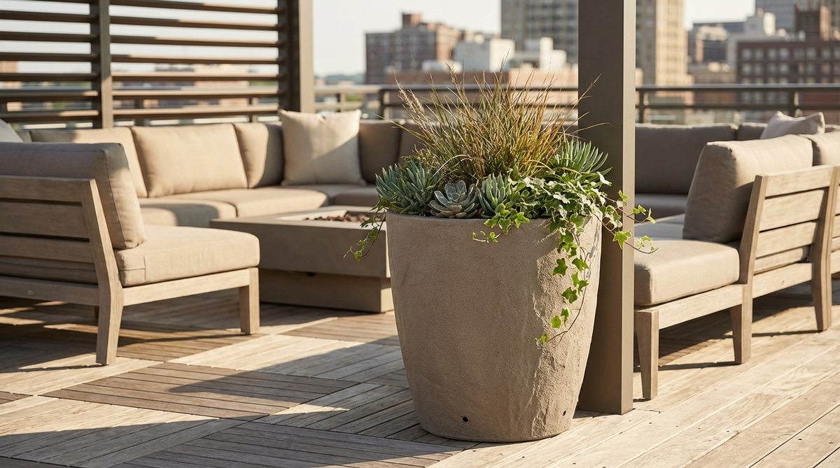 A durable fiberglass planter with realistic stone texture finish, ideal for rooftop gardens and balconies where weight is a concern. Features UV-resistant coating, drainage holes with removable plugs, and custom color options for outdoor decor.