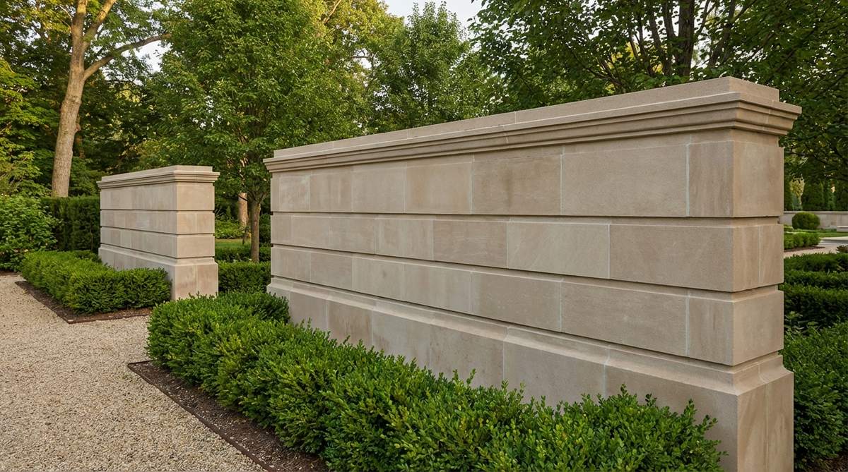 A formal garden wall constructed from precisely cut limestone ashlar blocks, featuring tight mortar joints and uniform coursing that creates strong horizontal lines. This elegant design is ideal for estate-scale landscapes, entry features, and principal viewing areas, with architectural polish that complements home facades.