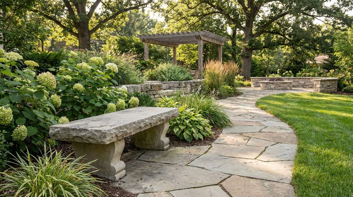 A solid limestone bench serving as both functional seating and sculptural element in garden decor. Features simple slab construction or decorative scrollwork depending on garden style, positioned to frame views or create rest points along pathways. The stone mass absorbs daytime heat for comfortable evening seating.
