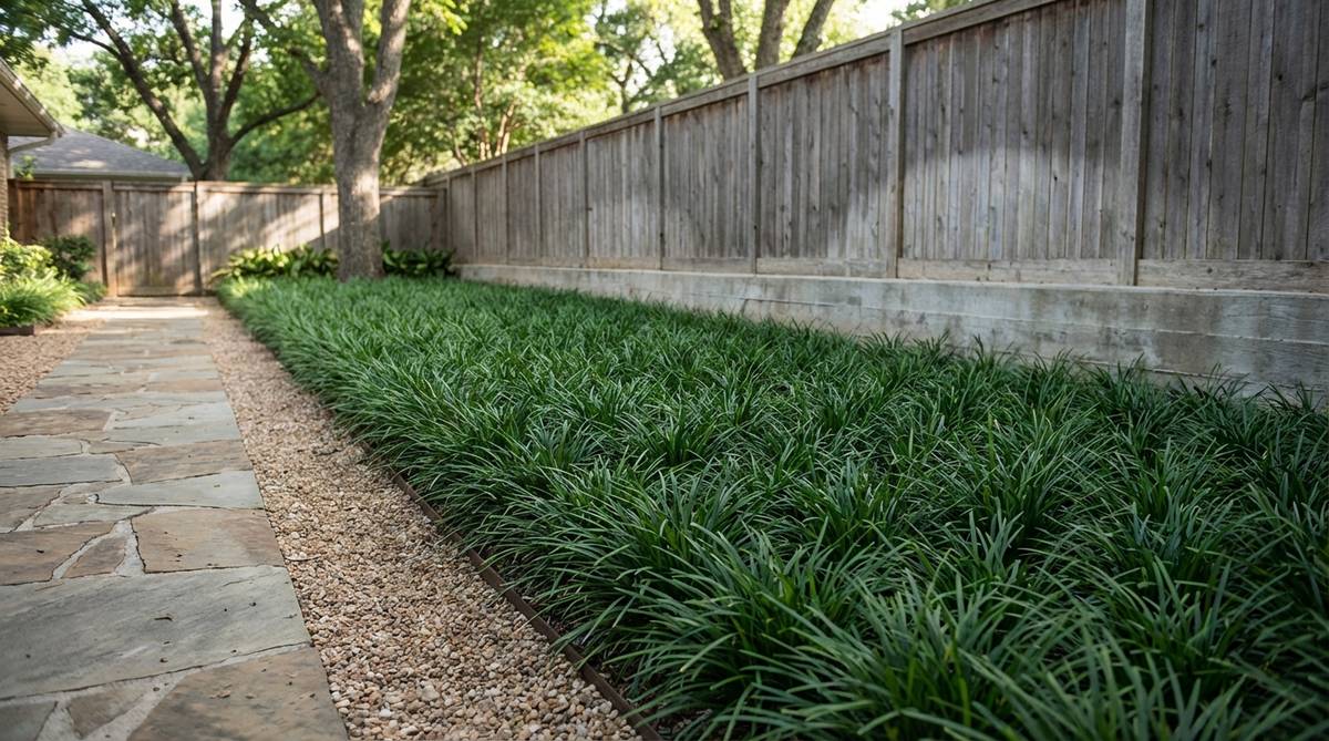 A narrow planting strip running parallel to a pathway, featuring a single-species planting of mondo grass or silver ponyfoot, emphasizing clean lines and repetition in modern garden design.