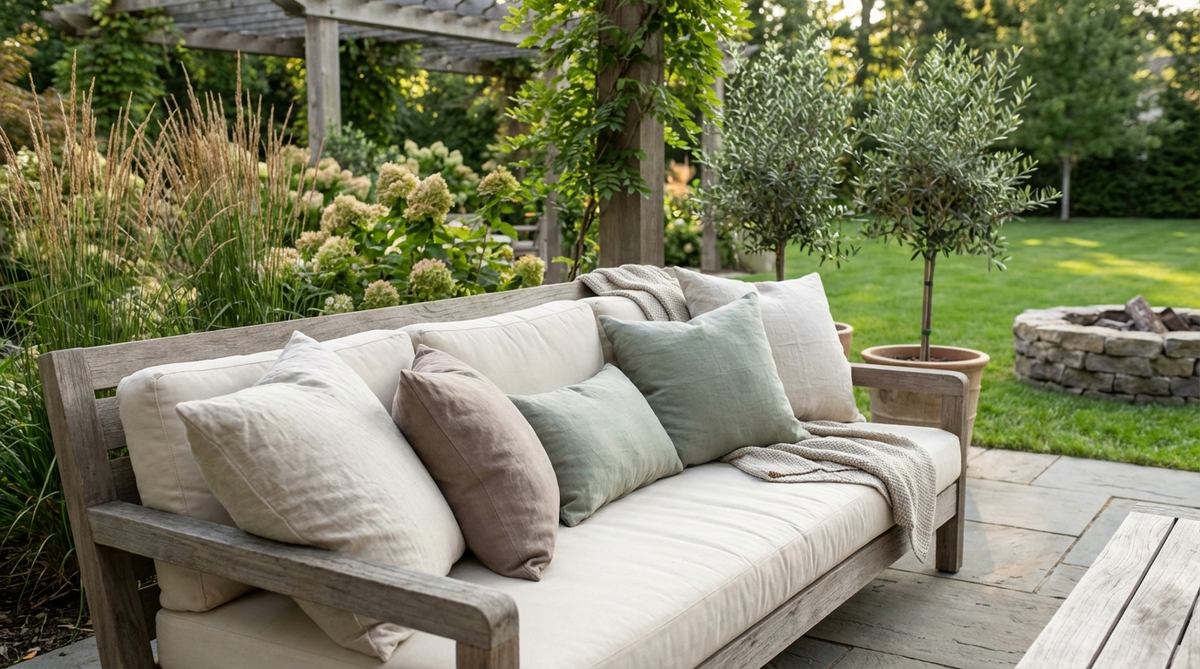 A collection of linen throw pillows in neutral shades like cream, mushroom, and sage, arranged on a sofa or bed to showcase their soft, breathable texture and natural wrinkled appearance, embodying the relaxed bohemian aesthetic with tonal depth and functional comfort.