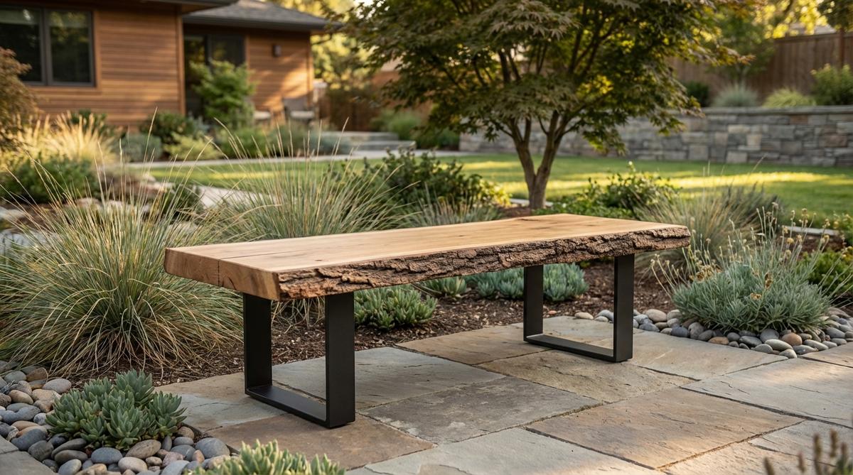A contemporary garden bench featuring a thick live edge wood slab with natural bark, resting on minimalist steel legs. This design combines organic wood character with industrial metal precision, ideal for transitional gardens bridging natural and built environments.