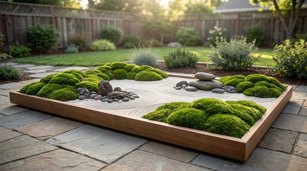 Preserved green moss sections creating lush corners in miniature zen gardens, representing mountains or forests at small scale. This maintenance-free moss adds vibrant color to monochrome sand landscapes and creates yin-yang visual balance when placed opposite stone arrangements. The velvety texture contrasts beautifully with coarse sand, engaging multiple senses in the zen garden experience.