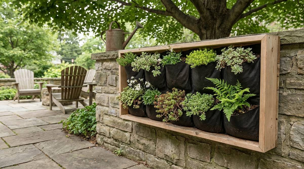 A shallow wooden frame mounted on a vertical surface, filled with landscape fabric pockets containing alpine soil mix and plants like sedum or saxifraga, positioned in partial shade to prevent rapid moisture loss.