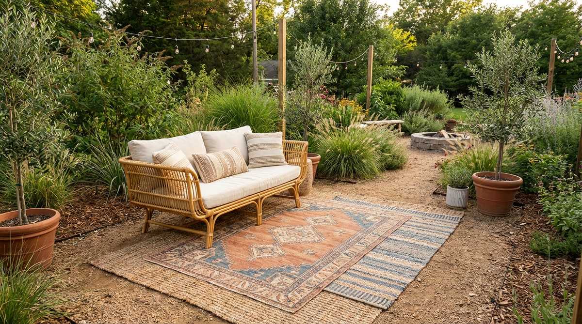 A low-slung wicker loveseat in a boho garden setting, positioned on layered outdoor rugs to create an intimate, relaxed seating zone close to the ground, perfect for evening gatherings and personal conversations.