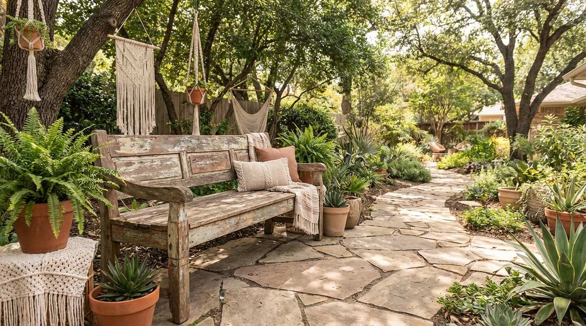 A weathered low wooden bench placed along a garden pathway, showcasing rustic charm and functional seating in a boho-inspired outdoor space.