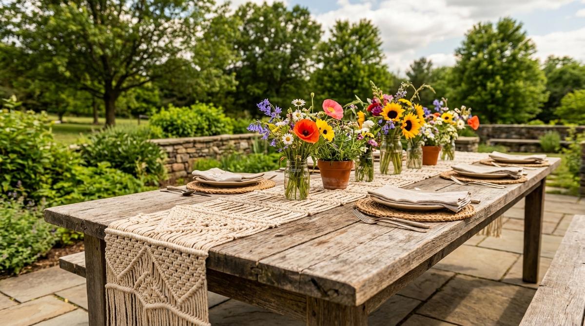 A rustic farm table with a long macrame runner featuring openwork patterns that reveal the wood grain beneath. Neutral-toned runner anchors colorful wildflower centerpieces along the table, creating a balanced boho wedding decoration that's sustainable and reusable.