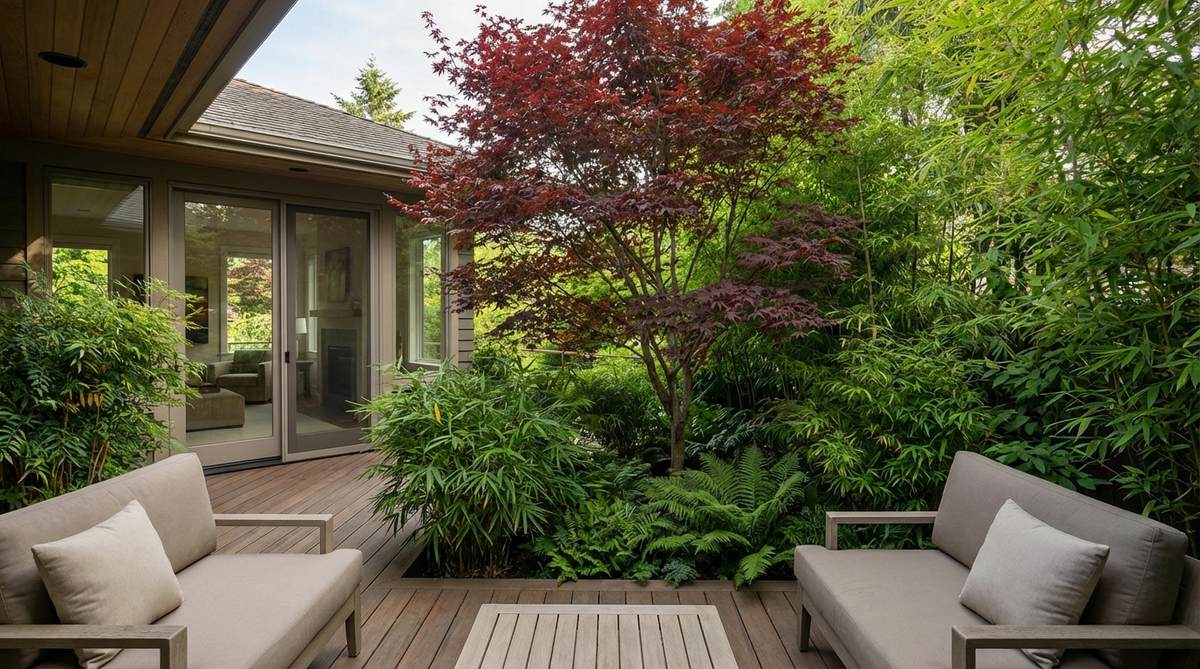 A Japanese balcony garden featuring an upright Japanese maple tree with understory bamboo plantings creating depth and visual hierarchy, mimicking mountain forest ecosystems.