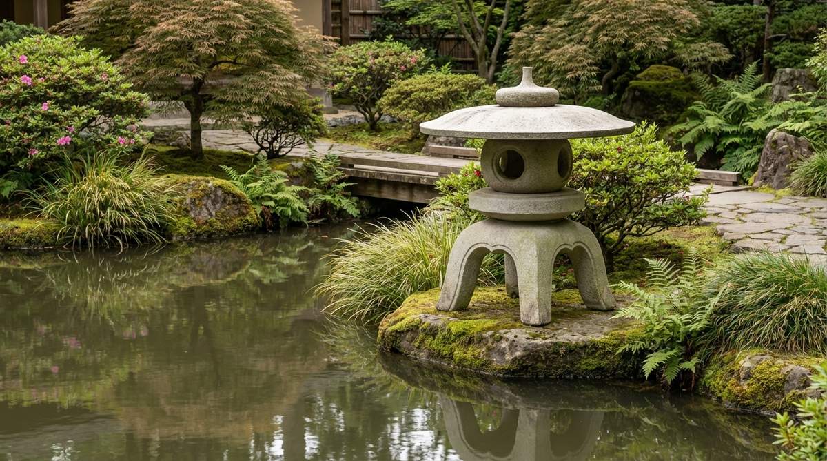 A Maruyukimi round snow viewer lantern with a circular roof and round fire box, featuring three curved legs, placed on a pond edge in a traditional Japanese garden, showcasing its soft geometry and iconic yukimi design.