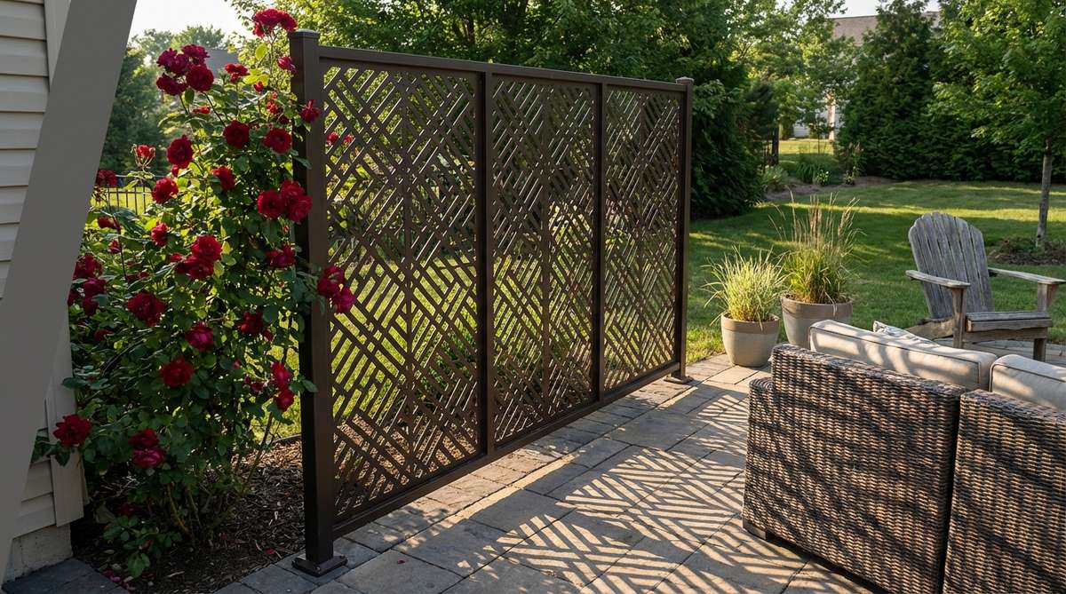 A modern metal geometric panel screen made from laser-cut steel or aluminum with intricate patterns, powder-coated in black, bronze, or verdigris finishes. This durable garden trellis supports lightweight vines like trumpet creeper or climbing roses, creating dynamic shadow patterns in outdoor spaces with zero maintenance required.