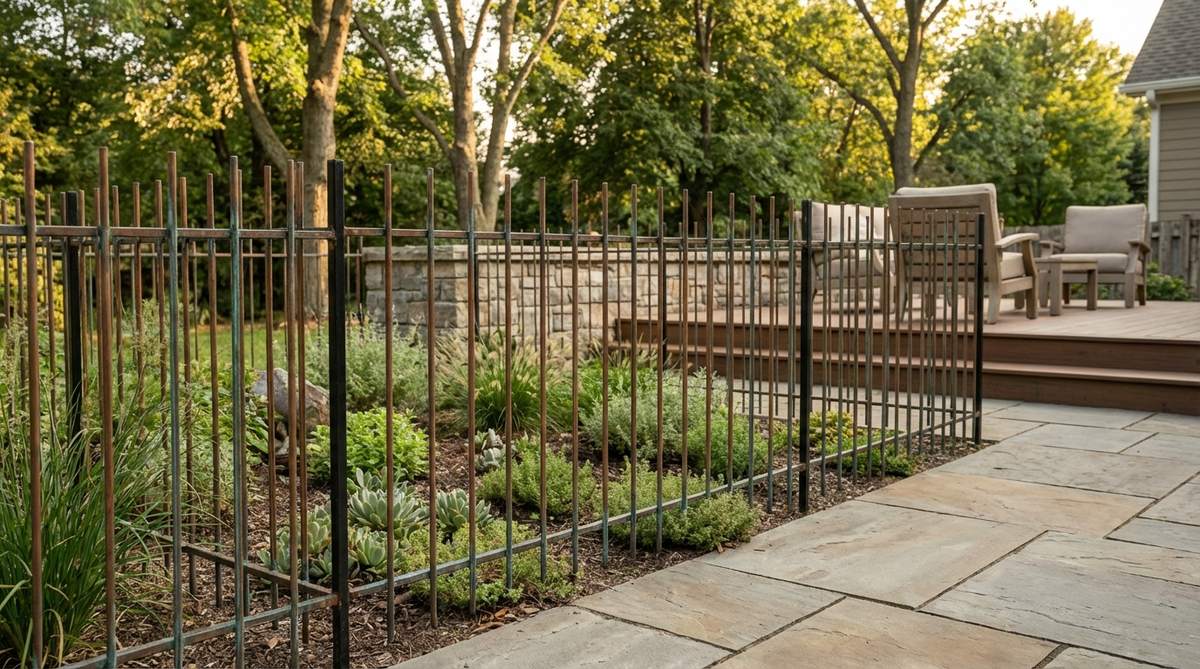 A sophisticated industrial-style mini garden fence made of thin vertical metal rods, such as copper, brass, or black steel, arranged with minimal horizontal supports. This design creates clean divisions with maximum transparency, ideal for adding height emphasis to low plant compositions in terrariums or small containers. The metal develops a natural patina over time, adding evolving character while maintaining a minimal footprint for space-restricted gardens.