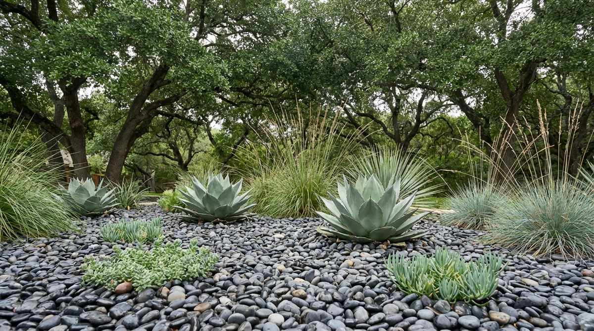 A close-up view of polished black and gray Mexican beach pebbles spread 2-3 inches deep as ground cover, reflecting light in a sophisticated monochromatic outdoor setting. The pebbles are used under mature trees with dense canopy, suppressing weeds while allowing water to reach roots, and paired with architectural plants like agave and ornamental grasses for a modern desert-inspired design.