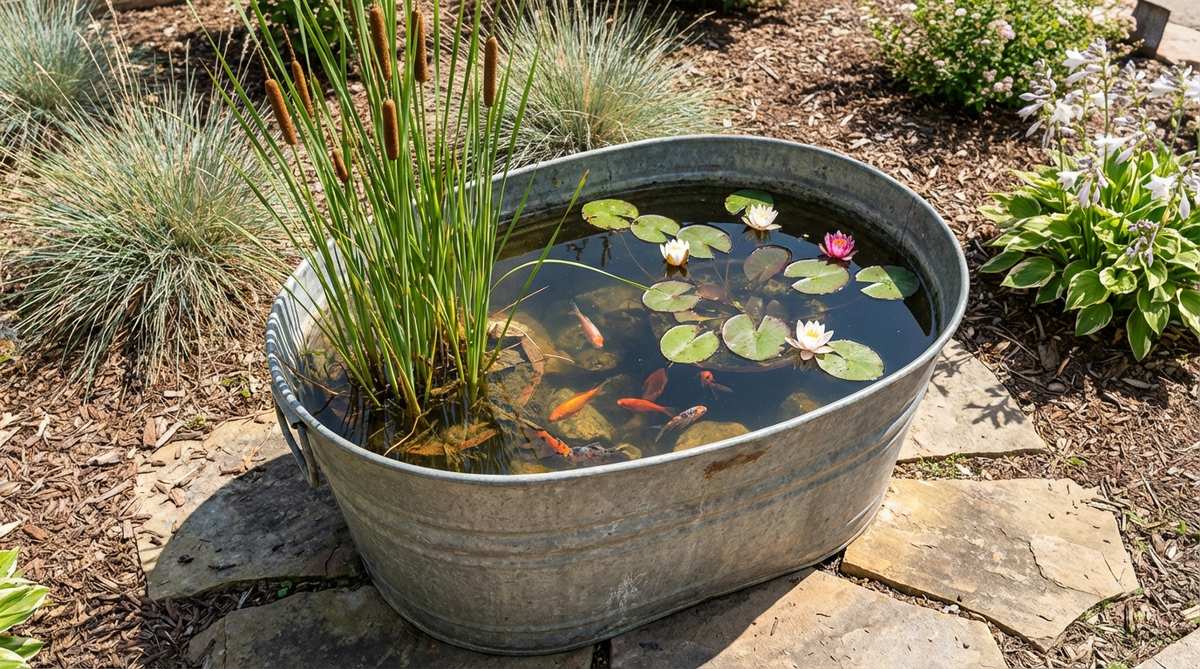 A close-up photo of a miniature pond ecosystem in a half-barrel sized galvanized tub, featuring dwarf cattails and water lilies, with clear water and goldfish, illustrating garden tub decor ideas.