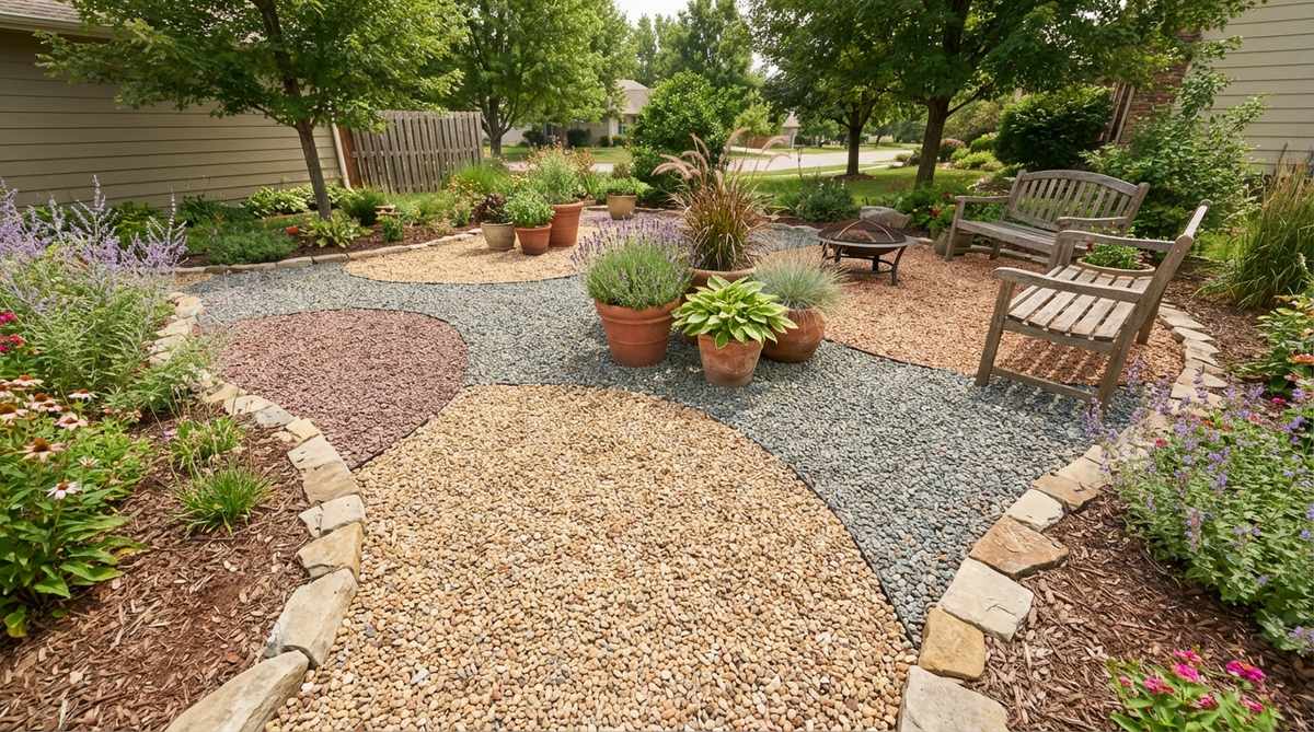 A decorative gravel area in a small garden courtyard, showcasing varied colors of gravel that delineate functional spaces without hard edges. The loose material adapts to irregular shapes, providing excellent drainage for potted plants, with landscape edging containing the gravel to prevent migration into adjacent beds.