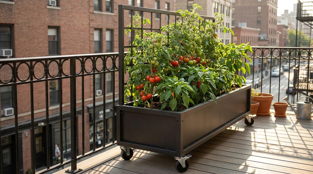 A mobile rolling planter with locking caster wheels, ideal for repositioning to maximize sunlight for tomatoes and peppers in a balcony garden in NYC. Features rust-proof wheels and lightweight design for easy maneuvering.