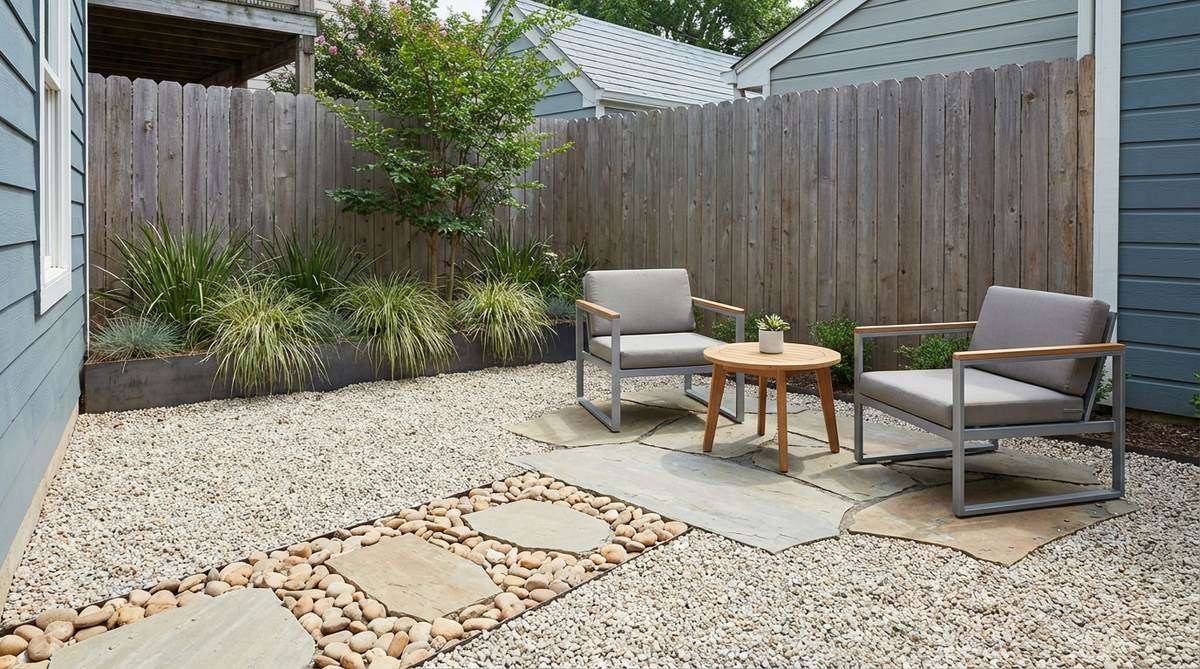 A minimalist patio design featuring pea gravel as a clean backdrop for contemporary outdoor furniture, with smooth river rock in gray or tan tones complementing metal and teak finishes, ideal for small urban yards to create an illusion of more space.