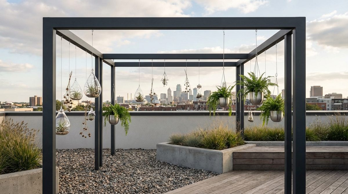 A sleek powder-coated steel or copper frame with suspended botanical elements like stems, air plants, or glass terrariums, creating a minimalist floating effect ideal for urban rooftop or contemporary garden wedding venues.
