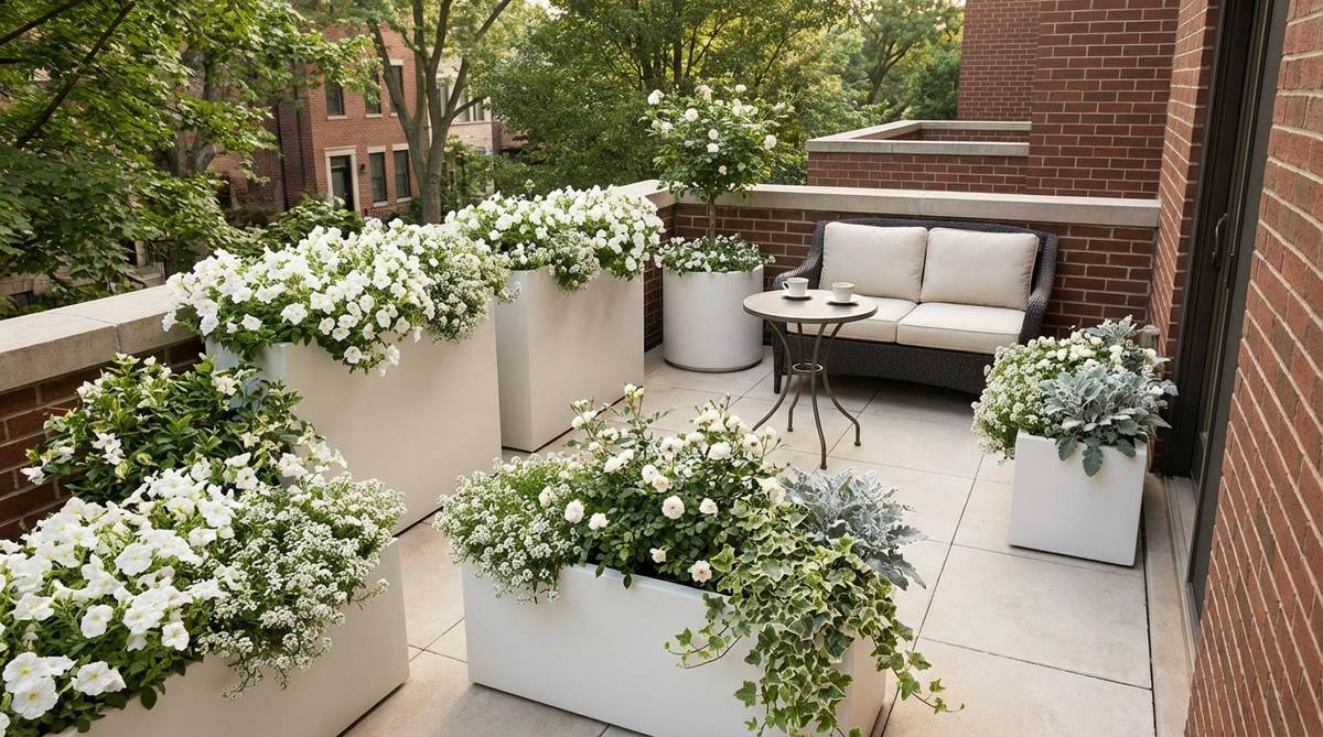 A sophisticated balcony garden featuring all-white blooms such as petunias, alyssum, roses, and variegated ivy, with silver foliage like dusty miller, in minimalist white ceramic or concrete containers, ideal for shaded areas and evening enjoyment.