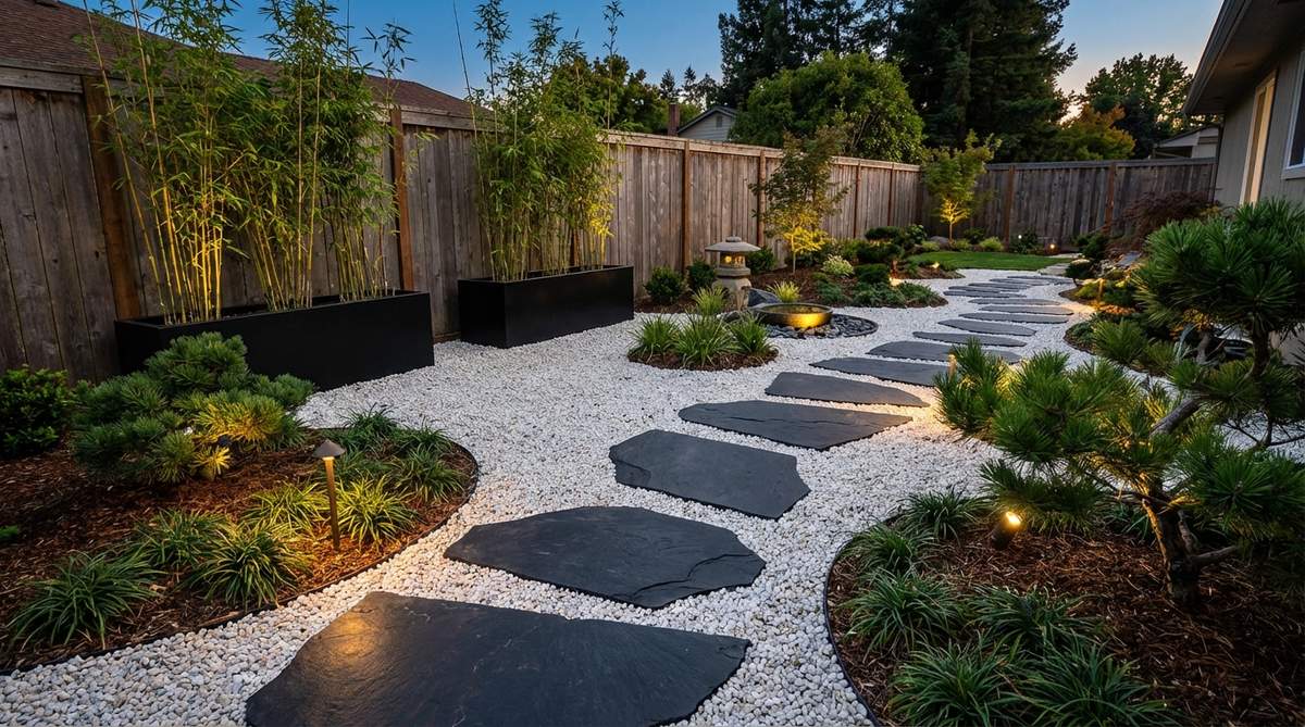 A Japanese-inspired garden aesthetic featuring black slate paving, white gravel, and minimal green accent plantings, creating a meditative outdoor space with bamboo in black planters and strategic lighting for nighttime ambiance.