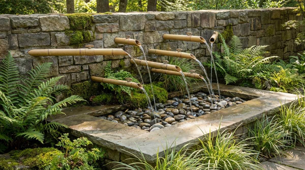 A serene zen garden water feature with multiple bamboo spouts protruding from a wall at staggered heights, creating layered water patterns and soothing soundscapes. The natural bamboo pipes have individual flow controls for customized acoustic compositions, with water streams merging into a shared basin below. This vertical design maximizes space efficiency in compact gardens while providing visual interest through rhythmic water variation.