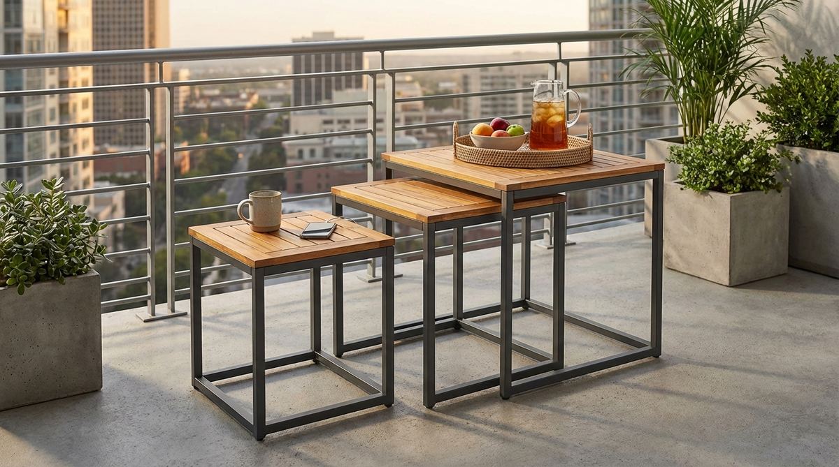 A set of two or three nesting side tables in graduating sizes, featuring galvanized metal or powder-coated steel frames for corrosion resistance and wooden tops in teak or acacia to add organic texture. Perfect for urban balconies, the smallest table measures 12x12 inches for drinks or phone chargers, while the largest reaches 18x18 inches to accommodate serving platters, complementing industrial materials like concrete and steel railings.
