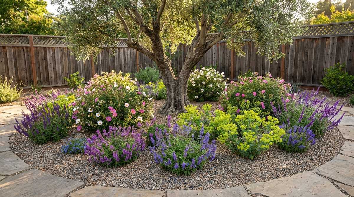 A Mediterranean garden scene showing understory planting beneath an olive tree, featuring Cistus, Bupleurum, and low-growing Salvias in a circular bed with gravel mulch, highlighting how these plants tolerate root competition and dappled shade to soften the tree's trunk.