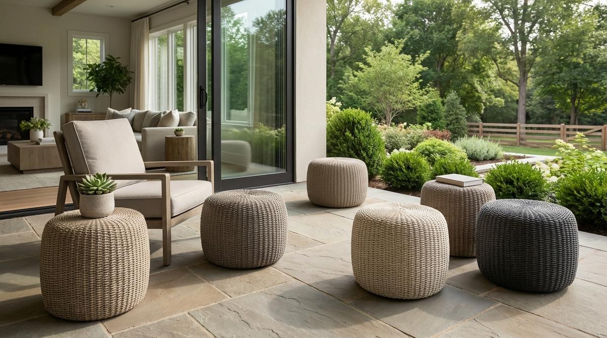 Indoor-outdoor ottoman poufs on a balcony, serving as versatile footrests, extra seating, or mobile side tables, made with synthetic fiber weaves that resist mildew and maintain a soft texture, filled with recycled polystyrene beads for comfort and lightweight construction for easy repositioning.