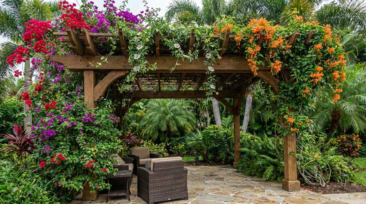 A timber pergola supporting vigorous climbing tropical plants such as bougainvillea, passion vine, and Mexican flame vine, creating instant overhead coverage and dappled shade in a tropical garden setting.