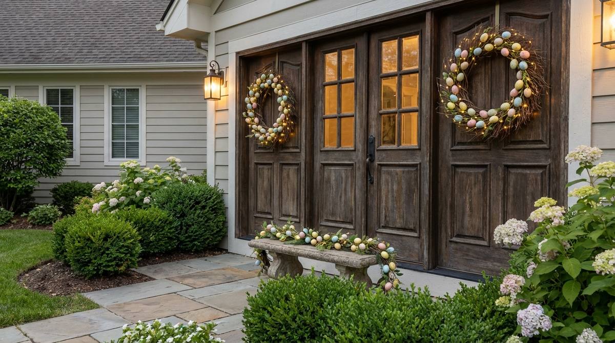 A large 50cm or bigger Easter wreath with built-in LED lights and removable egg garland, perfect for outdoor decor on double doors or expansive exterior walls. Features timer functions for automatic evening lighting.