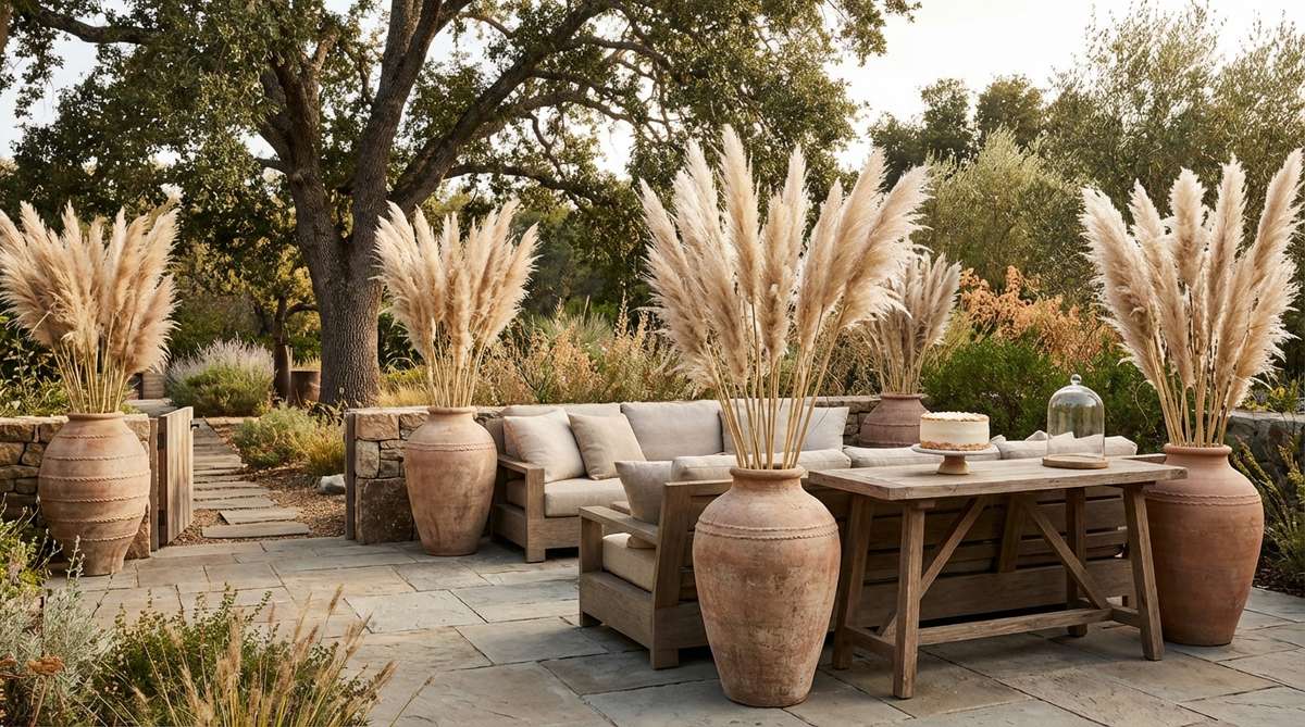 Tall terracotta or ceramic vessels filled with dramatic pampas grass plumes in varying heights, positioned at entry points, beside seating areas, and flanking a birthday cake display. The feathery texture and neutral tone create ethereal visual impact without competing with other decorative elements, anchoring an entire section of a garden celebration.