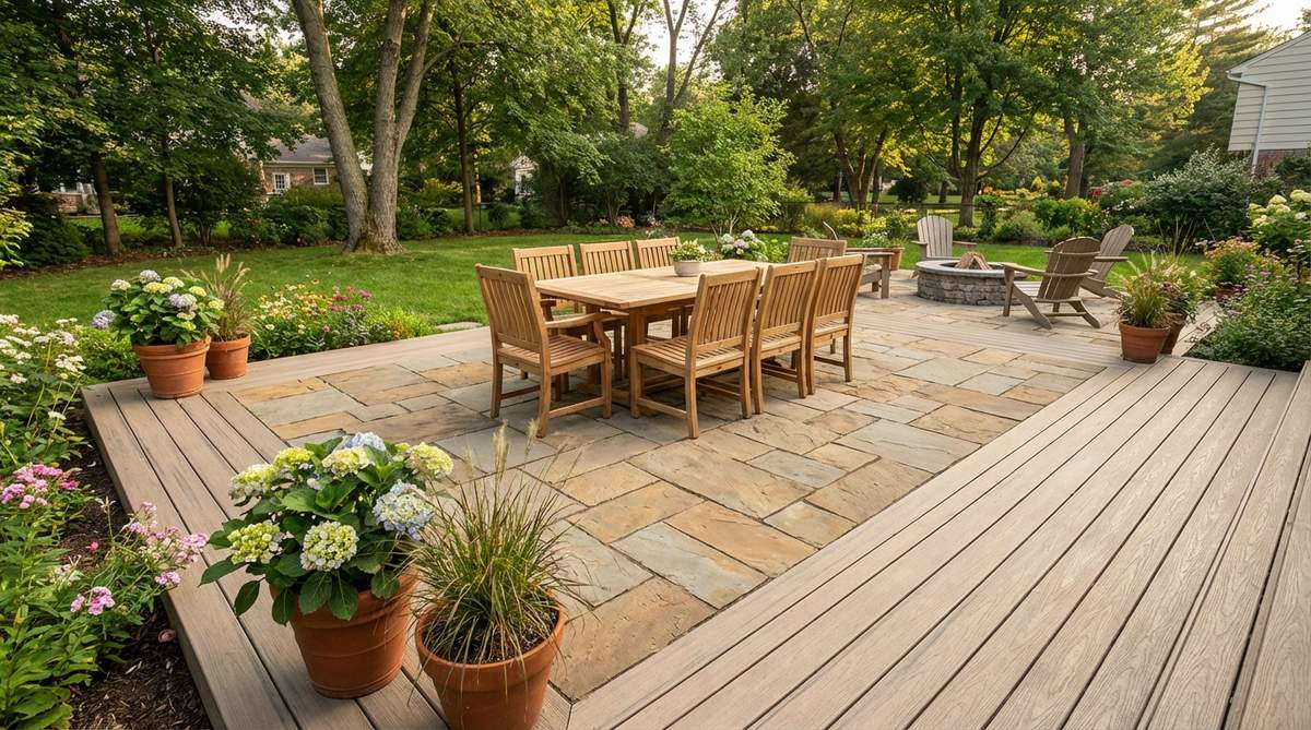 A small garden patio featuring a central paver field bordered by decking, creating a defined dining or gathering zone. The design shows how pavers ground heavy furniture while decking provides comfortable barefoot zones, with material transitions naturally defining placement areas without physical barriers.