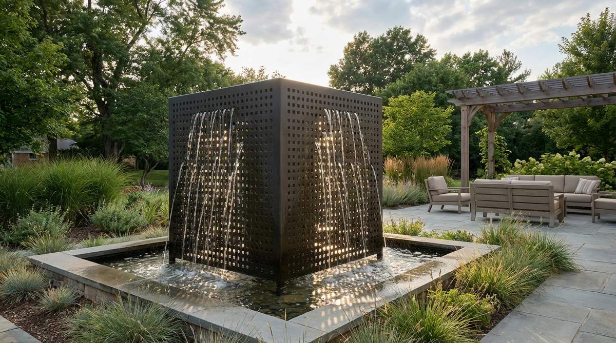 A modern garden fountain featuring a perforated cubic screen made of metal panels, with water flowing through the geometric pattern to create multiple thin streams and shimmering light effects.