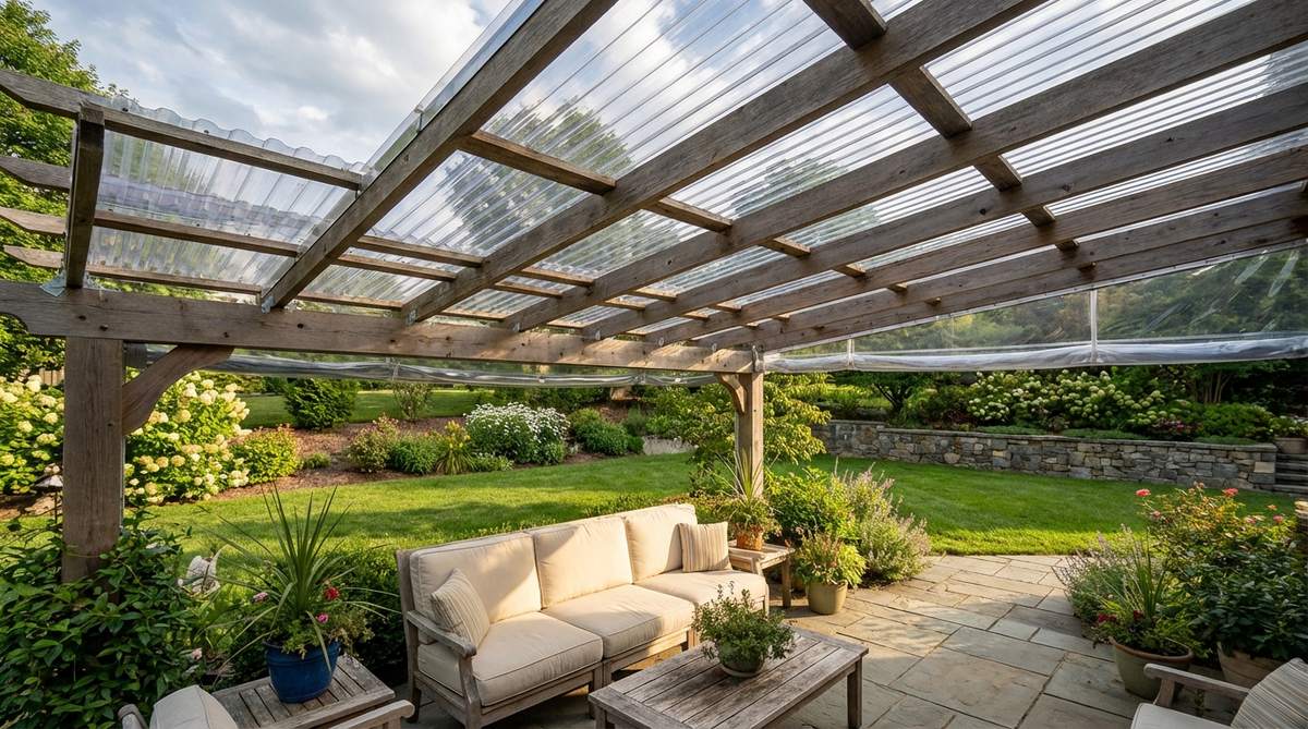 Clear polycarbonate panels installed between pergola rafters providing weather protection while allowing light transmission. Shows corrugated profile panels with proper sealing and drainage slope for covered outdoor space.