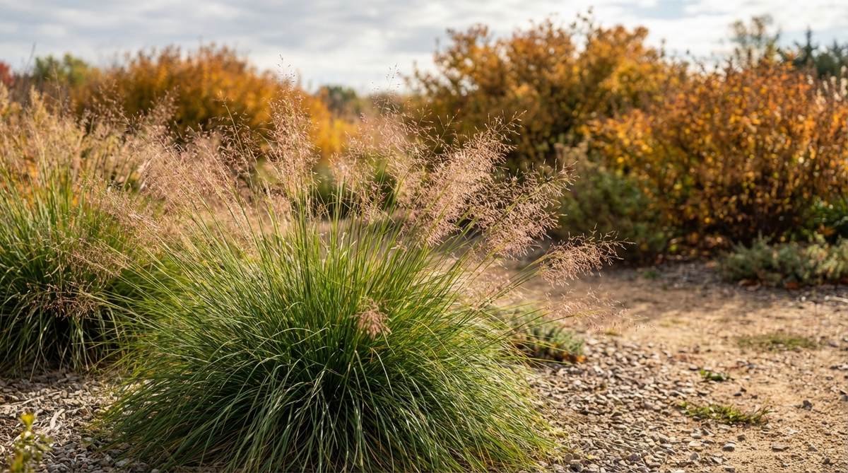 Close-up of Sporobolus heterolepis (Prairie Dropseed) showing its fine-textured, emerald-green foliage forming a 2-foot mound. The image captures the airy pink seedheads that appear in late summer, hovering above the foliage and emitting a coriander fragrance. In the background, the golden-orange fall color transition is visible, demonstrating this native grass's seasonal interest. Planted in informal drifts in a gravel garden bed, it showcases its natural shape without pruning, thriving in extreme heat and cold conditions from Texas to Minnesota.