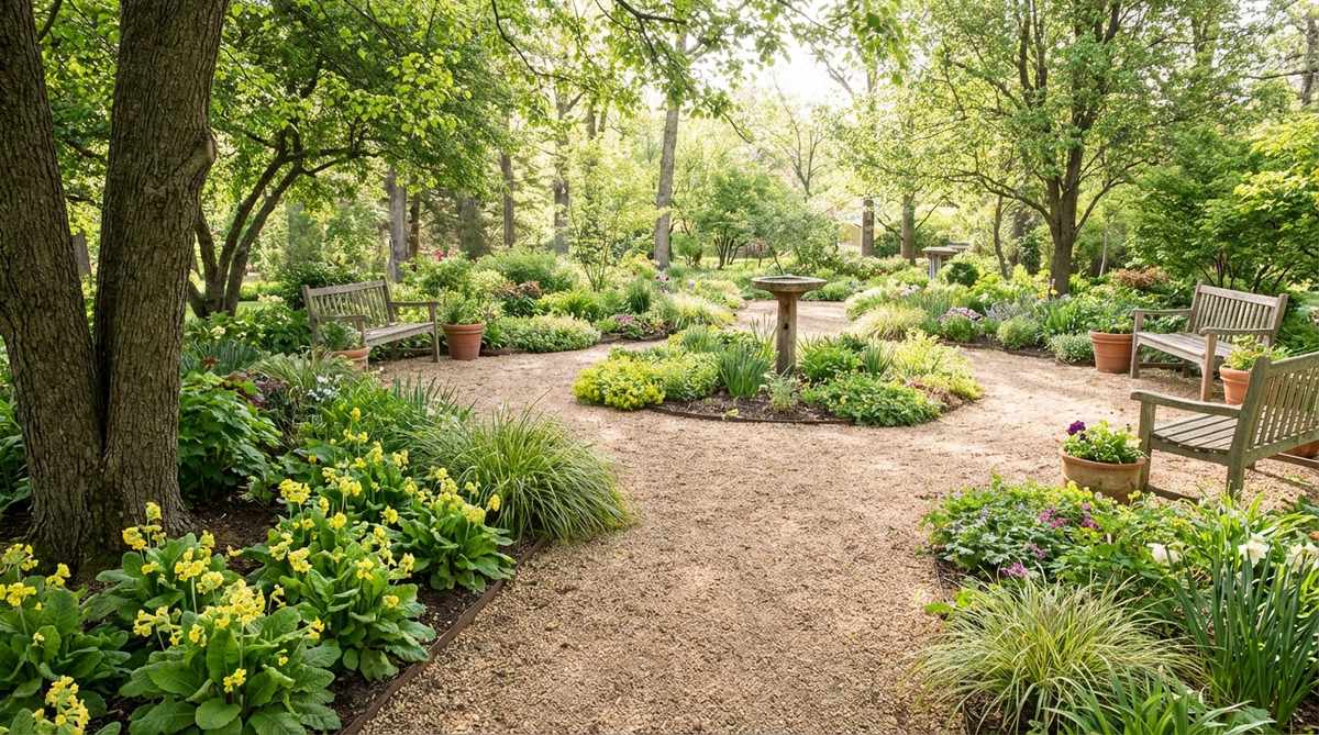 A close-up photo of Primula vulgaris showing clusters of vibrant yellow flowers blooming above crinkled green foliage in a shaded garden border. The perennial primrose displays its characteristic early spring blooms from March to May, thriving in partial shade with moist, organic-rich soil.