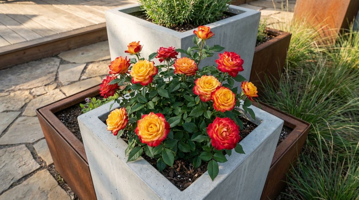 A close-up photograph of Rainbow's End miniature rose showing its bi-colored blooms transitioning from golden yellow at the petal base to deep red edges. The compact 18-inch plant is displayed in a contemporary geometric container arrangement, ideal for modern balconies, patios, or rock gardens. The image highlights the rose's disease resistance and continuous blooming characteristics.