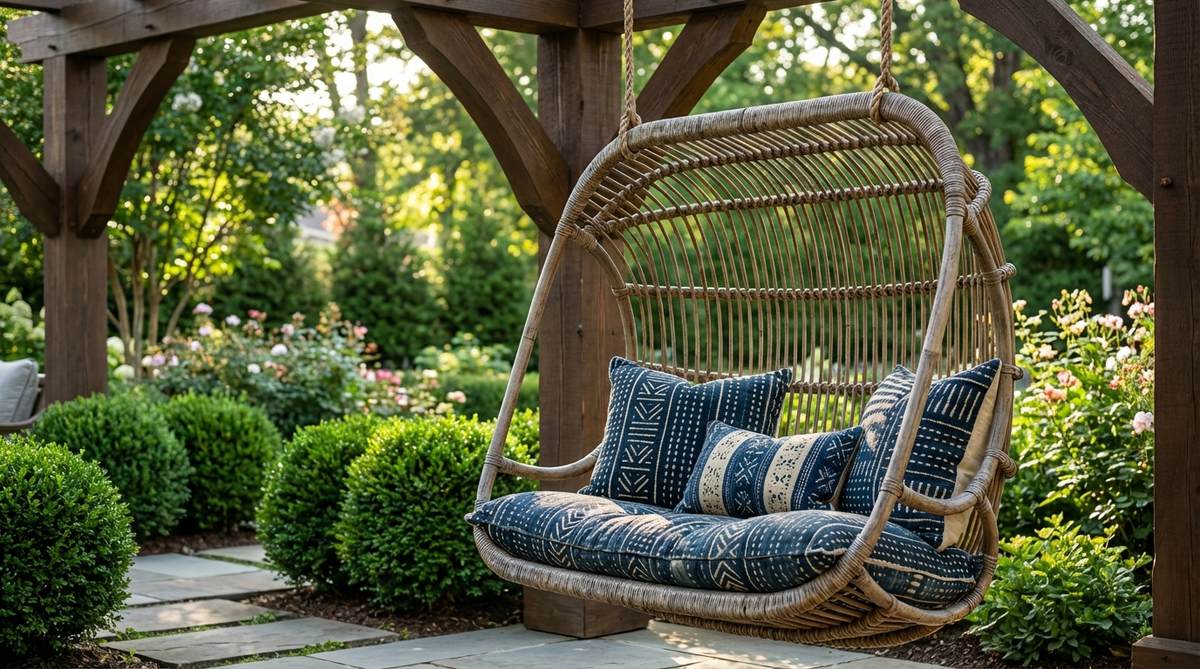 A suspended rattan swing chair showcasing traditional weaving craftsmanship, developing a natural patina over time. Hung from sturdy pergola beams with mudcloth cushions for comfort and cultural pattern layering in sunny corners.