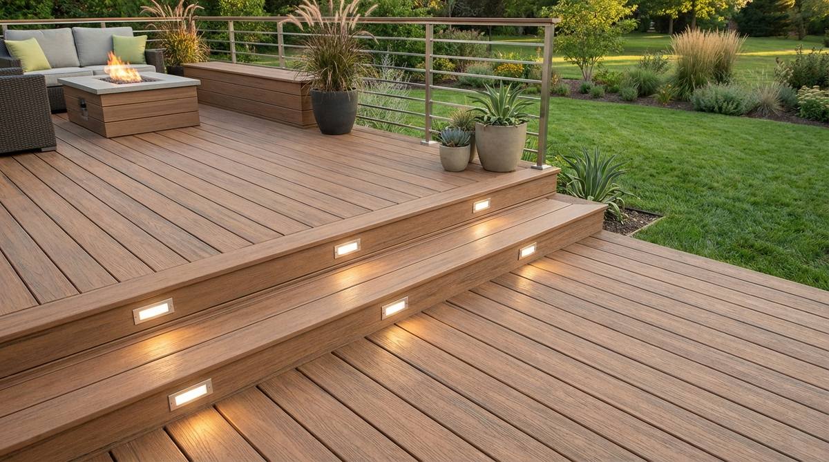 A modern outdoor deck with flush-mounted recessed lighting fixtures embedded in the deck boards and stair risers, providing safety illumination without visible hardware. This seamless integration maintains clean lines and minimalist aesthetics, suitable for contemporary patios and decks, with solar-powered options available for easy installation.