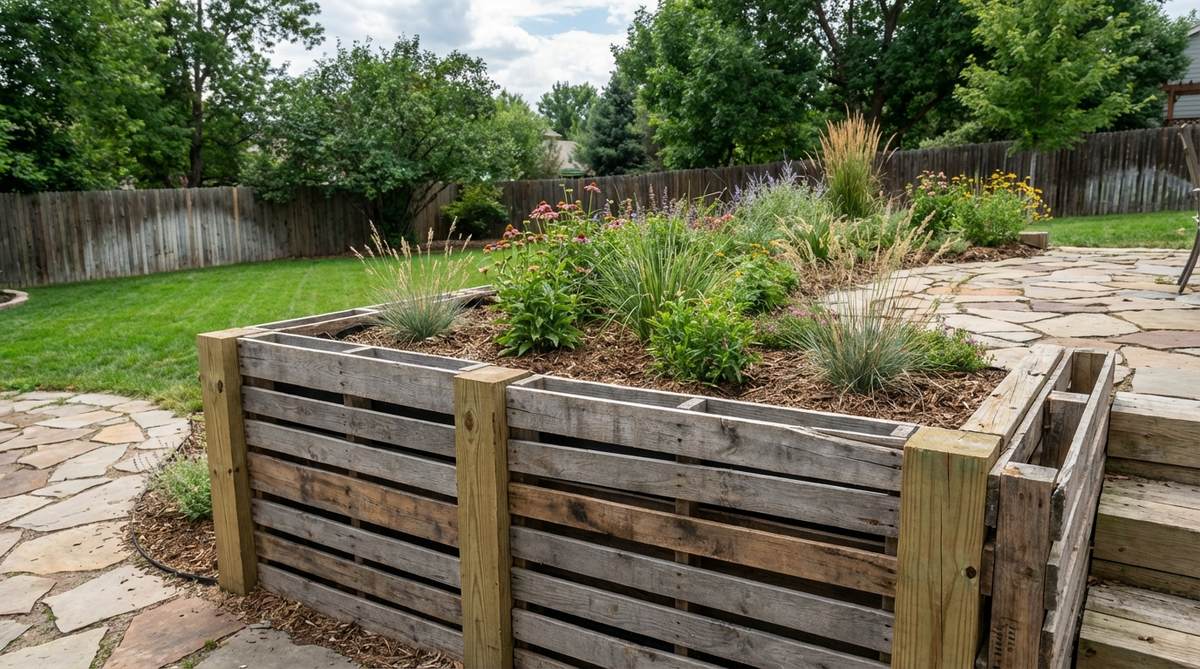 A rustic small garden retaining wall made from reclaimed wood pallets, showing weathered boards assembled horizontally between treated timber posts, ideal for decorative planting beds under 18 inches in height.