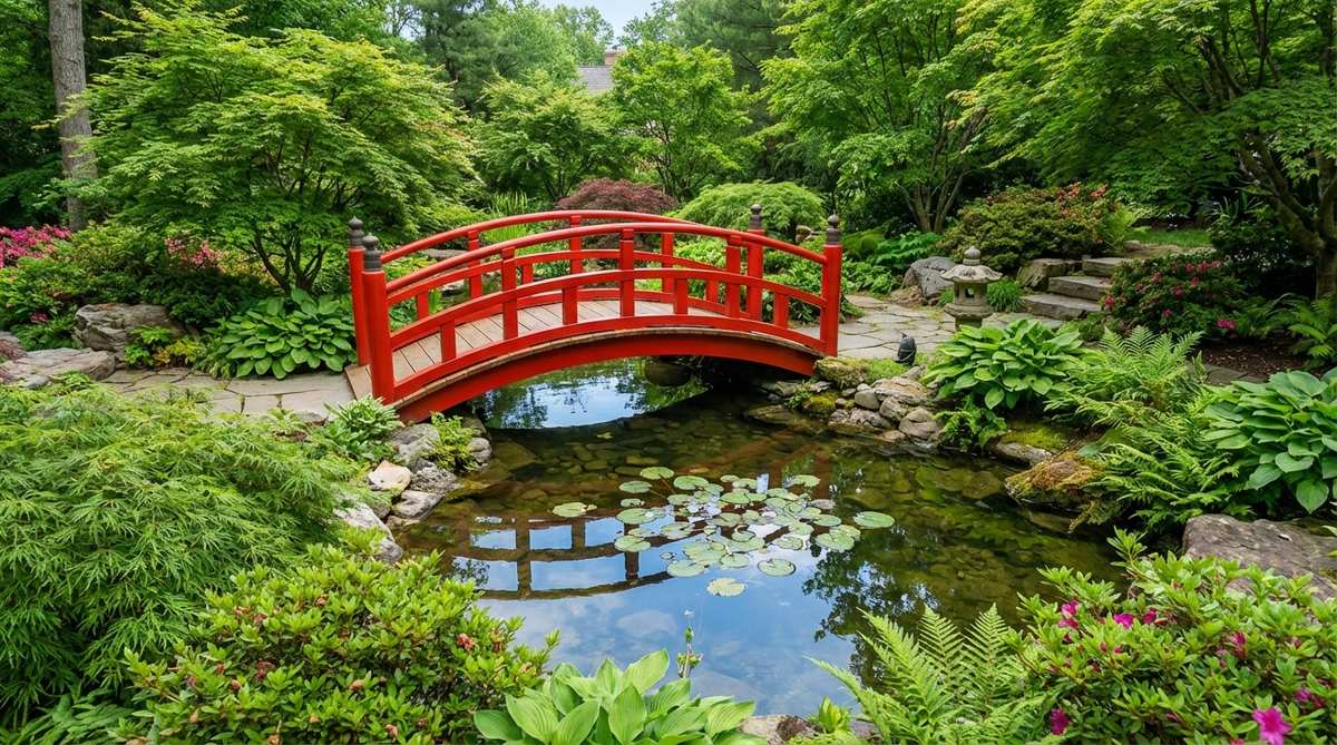 A vibrant red lacquered drum bridge arching over water in a mini garden, contrasting with green foliage and blue reflections, inspired by historic Chinese and Japanese temple gardens.