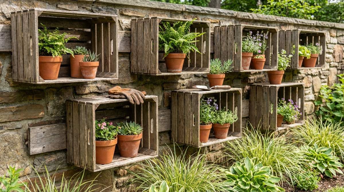 A rustic garden wall decor featuring repurposed wooden crates used as shelving for potted plants, with slatted construction for airflow and weathered wood patina that complements naturalistic plantings, ideal for open storage in garden settings.
