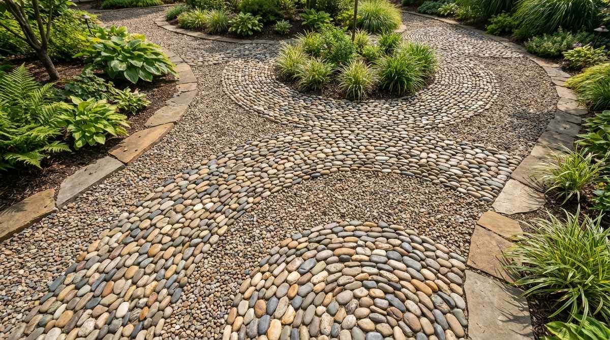 A close-up view of a garden path featuring smooth river pebbles arranged in a mosaic pattern within a gravel bed. The pebbles are sorted by color and size to create decorative bands that delineate planting zones, providing both visual interest and sensory texture for barefoot walking.
