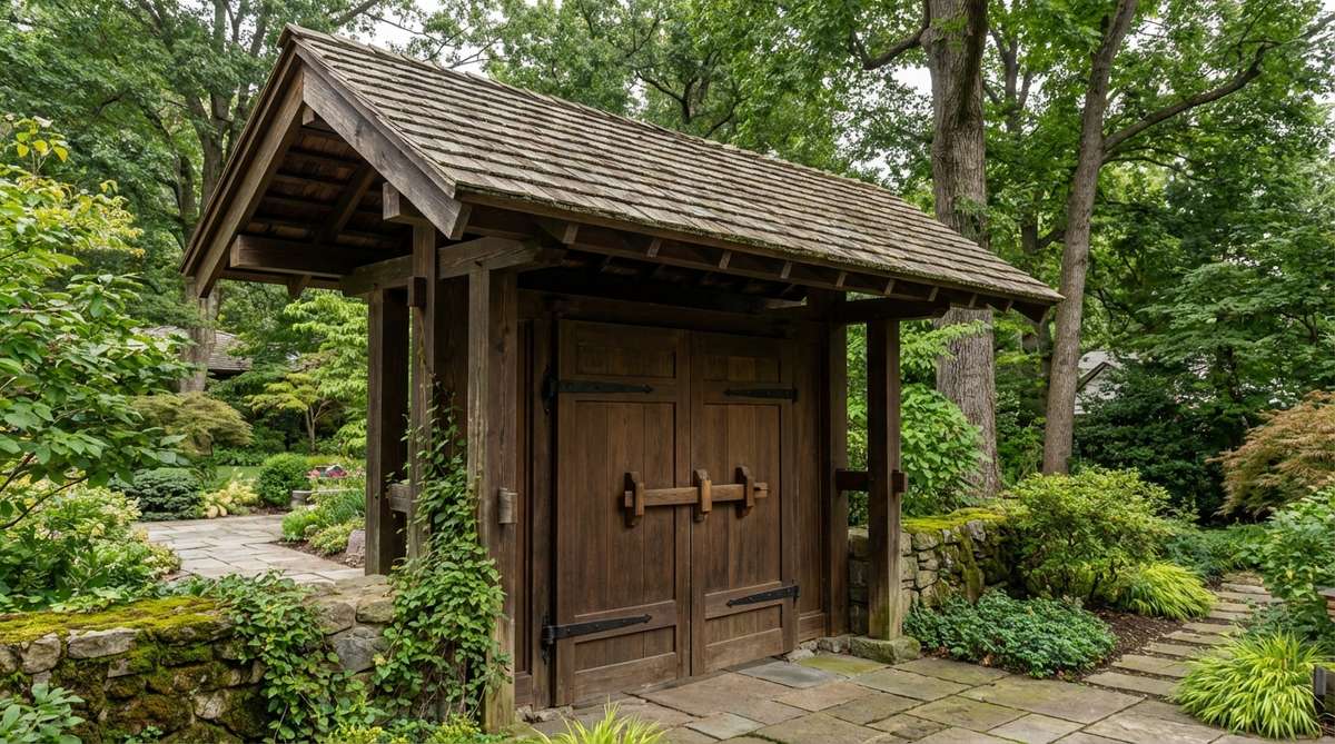 A traditional Japanese garden gate with post-and-beam construction, featuring a protective hip or gable roof finished with cedar shingles or ceramic tiles. The solid wood doors hang on traditional pin hinges and include a wooden cross-bolt closure on the interior side. This substantial structure marks the garden boundary and provides weather protection for visitors.